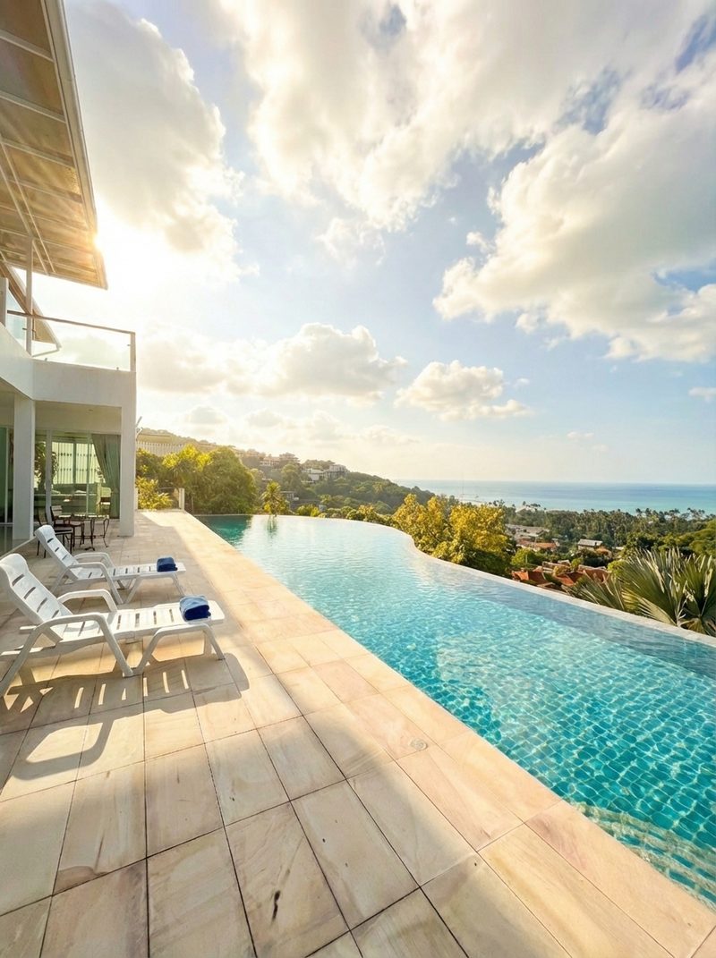 Poolside loungers and infinity pool in soft evening light