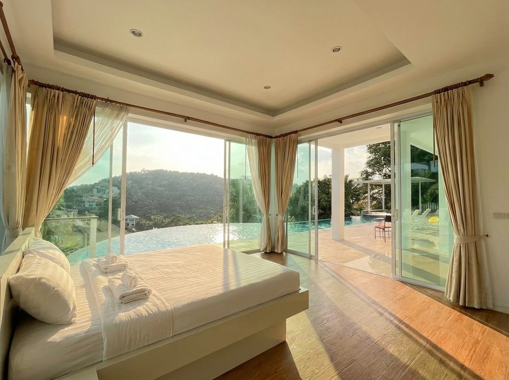 Bright open-plan living room with sea view