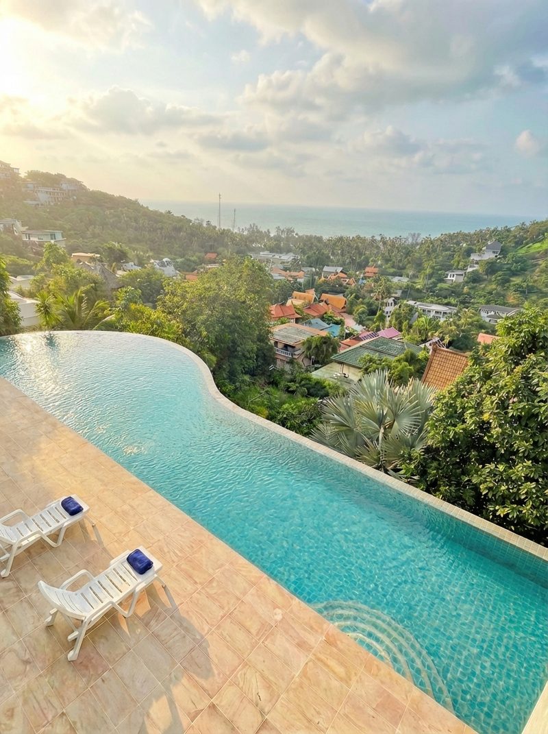 Infinity pool with white loungers above the bay